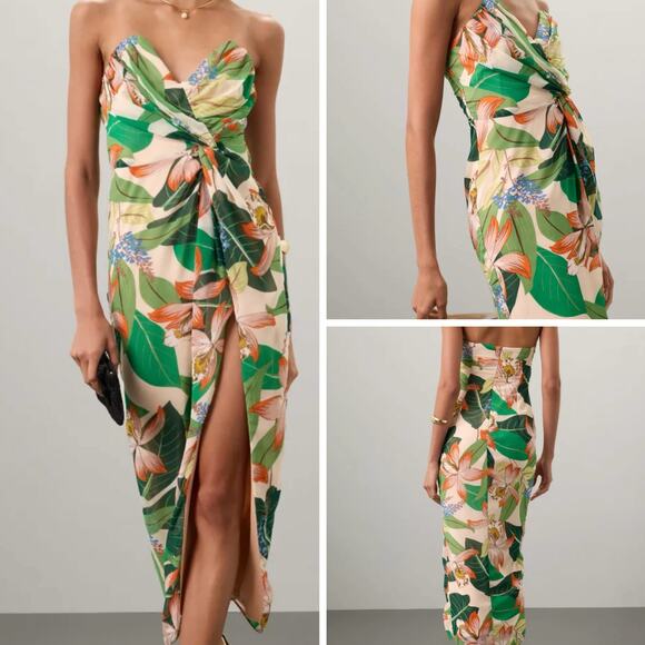 Katie May Come On Home Dress XS Tropical Strapless Floral High Slit Midi Resort - Picture 13 of 13